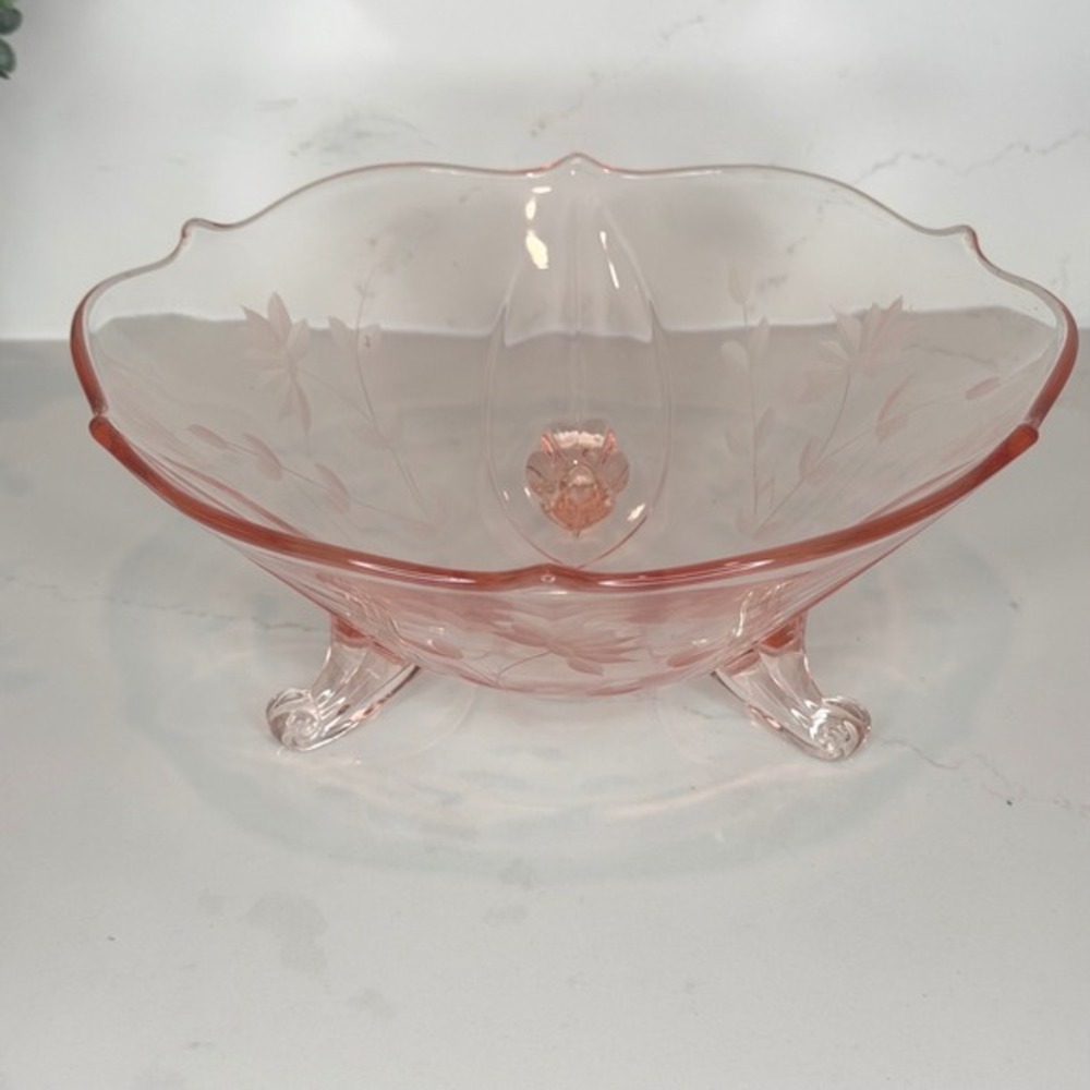 Lancaster Glass Jubilee‎ Pattern Three-Footed Bowl Etched Floral Design - Picture 5 of 9